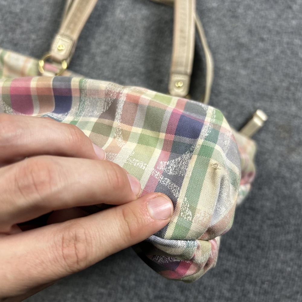 Coach Tote Bag Womens Large Multicolor Plaid Nylon Leather Shoulder Zip Purse - Picture 6 of 9